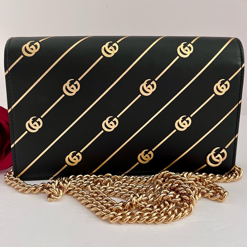 Authentic Gucci Black/Gold GG Diagonal Striped Wallet on Chain - Two Way